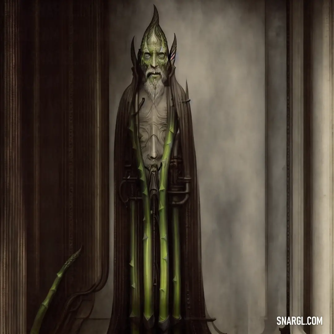 Painting of a wizard standing in a doorway with a green plant in his hand