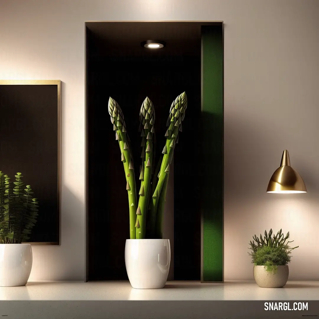 Plant in a white vase on a shelf next to a mirror and a lamp on a wall with a green trim