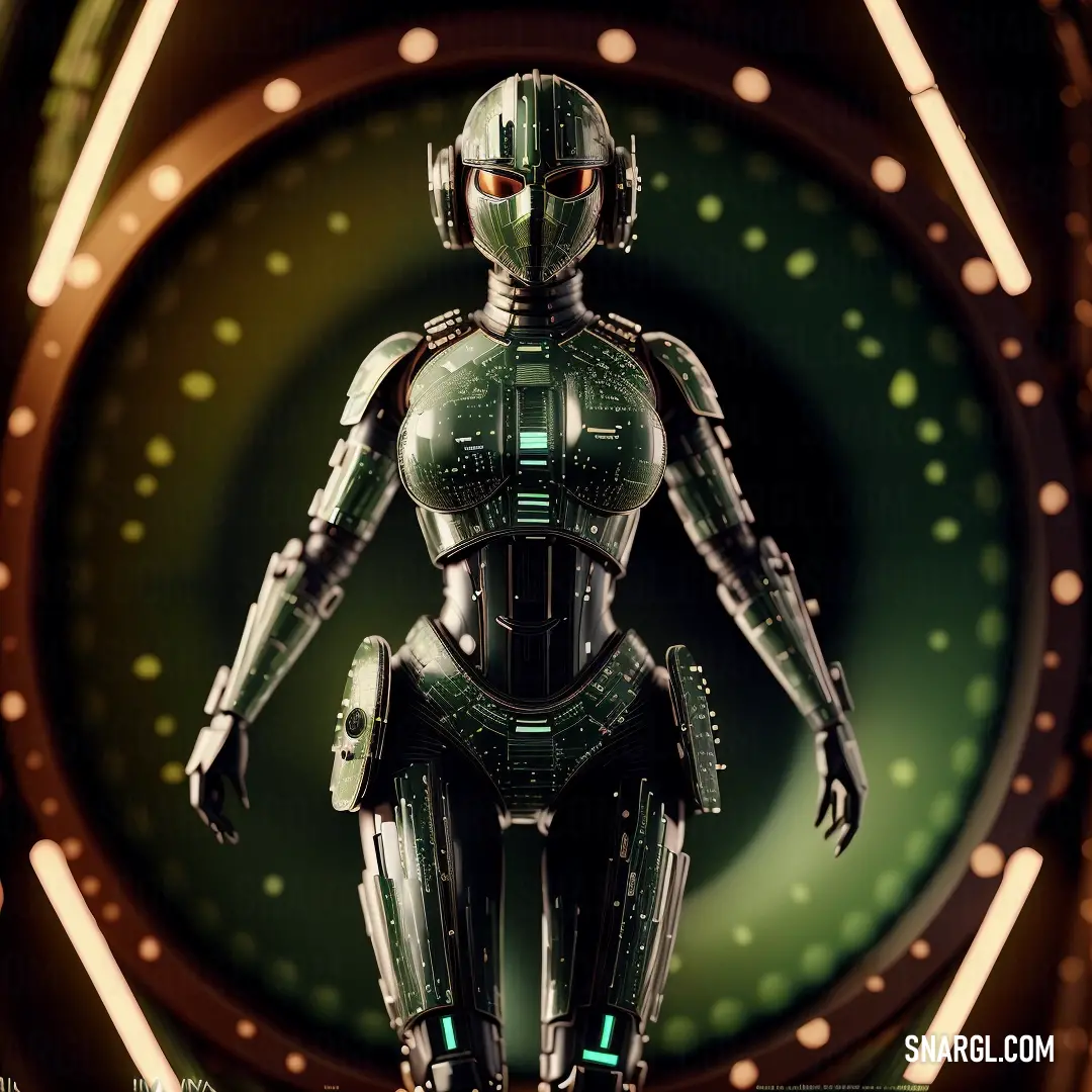 Robot standing in front of a green and yellow clock face with a green and yellow light behind it