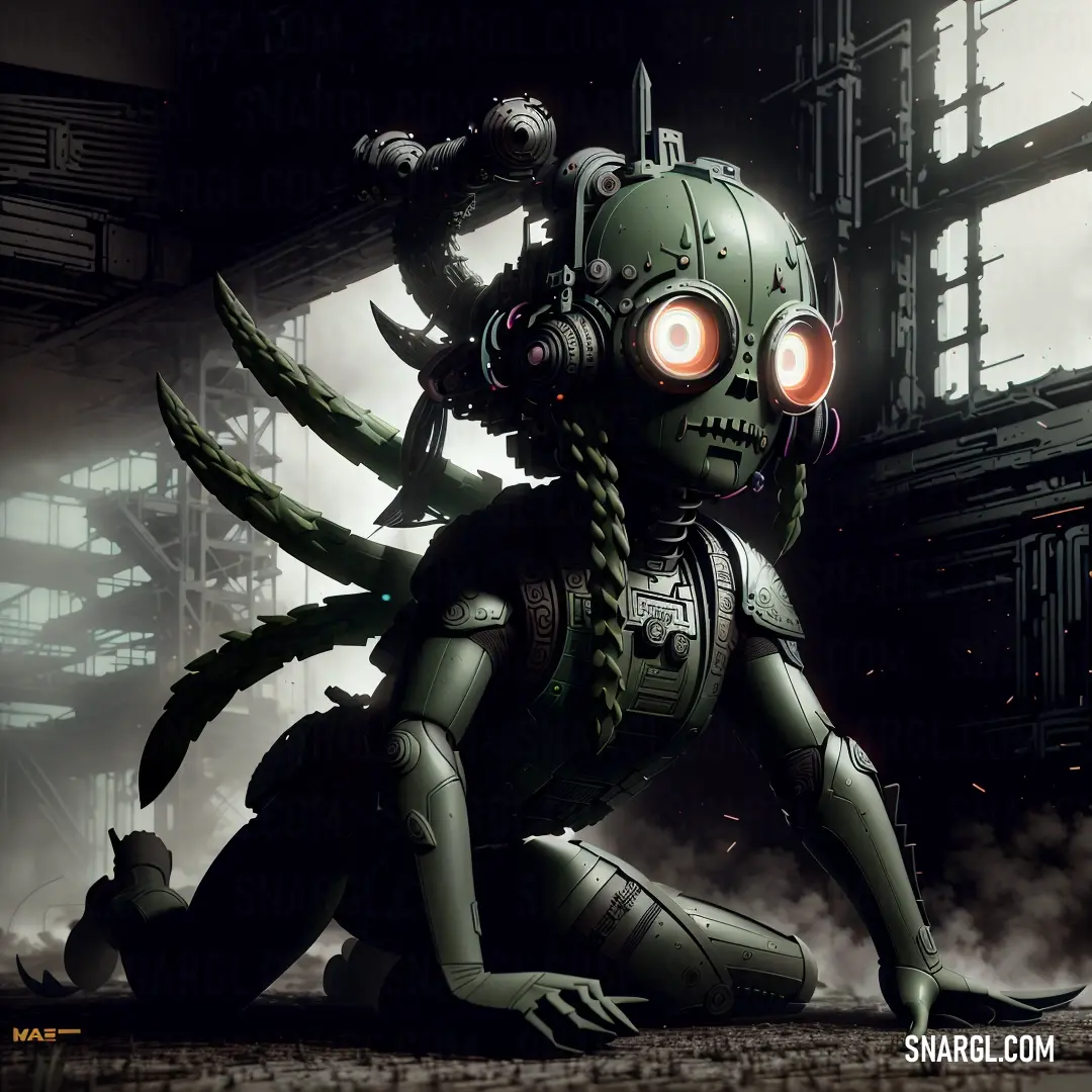 Robot with glowing eyes sitting on the ground in a factory area with smoke coming out of its eyes