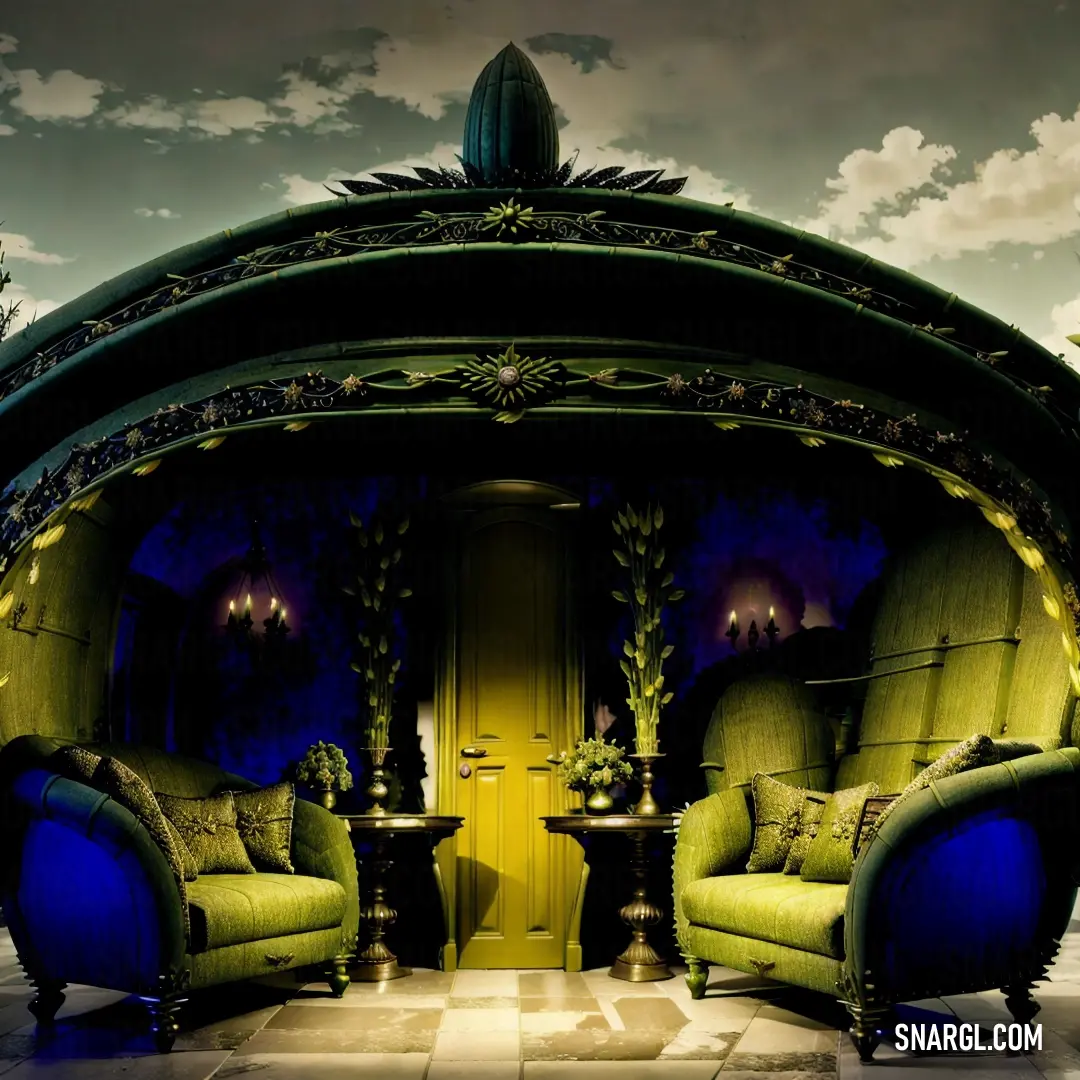 Room with two chairs and a couch in it with a sky background and clouds in the background and a yellow door