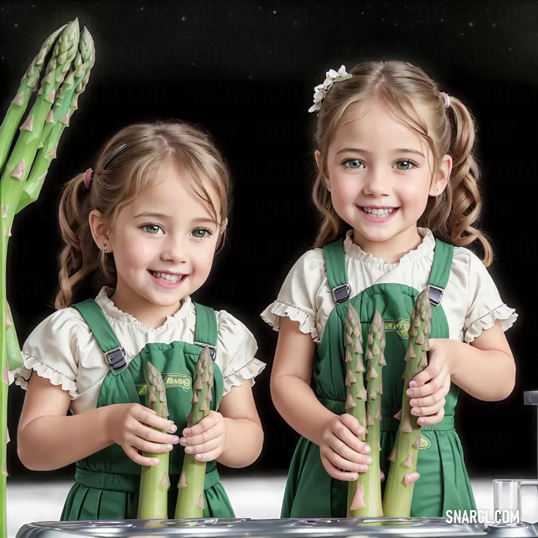 Two little girls holding asparagus in front of a black background with a black background behind them