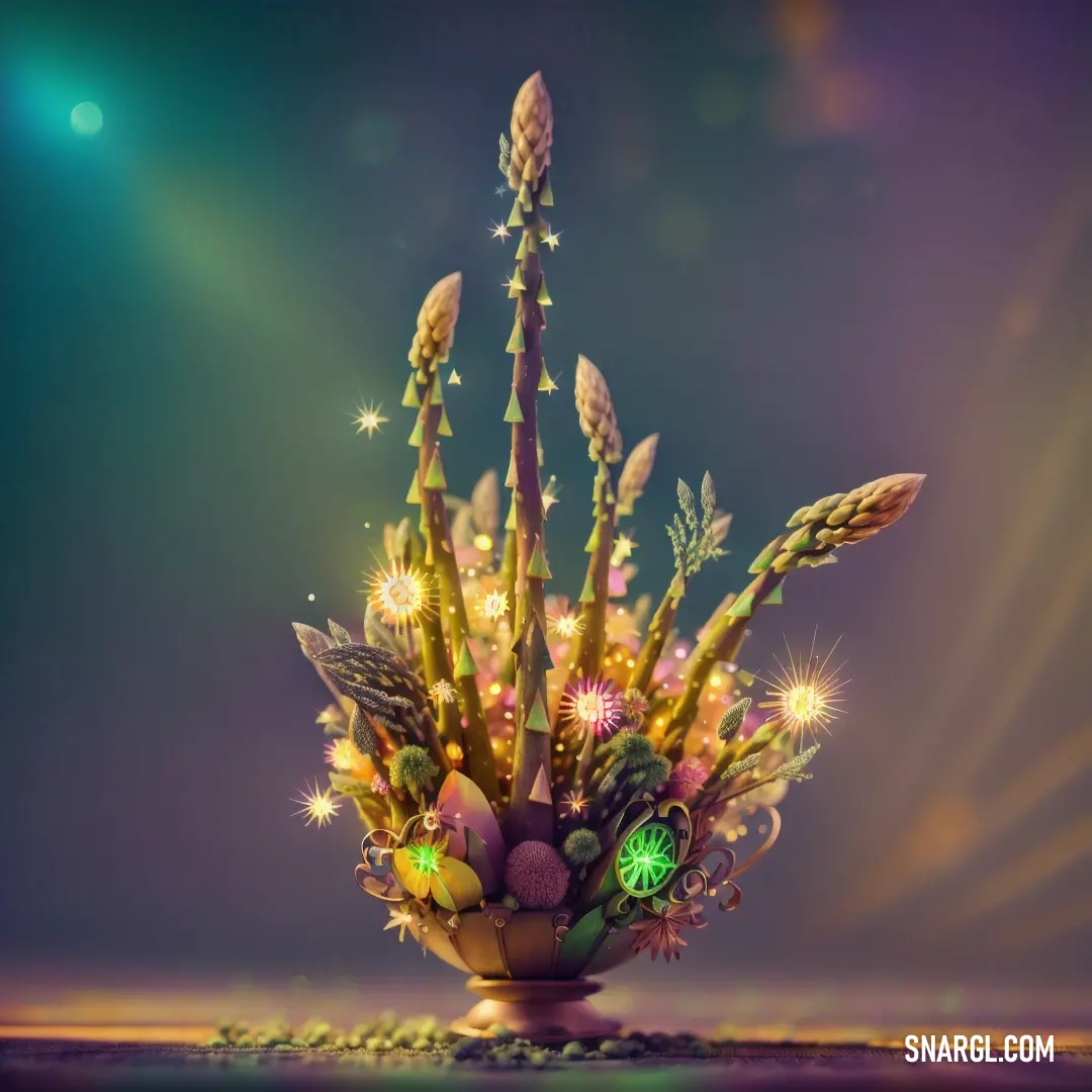 Vase with a bunch of flowers in it on a table with a green light on it and a purple background