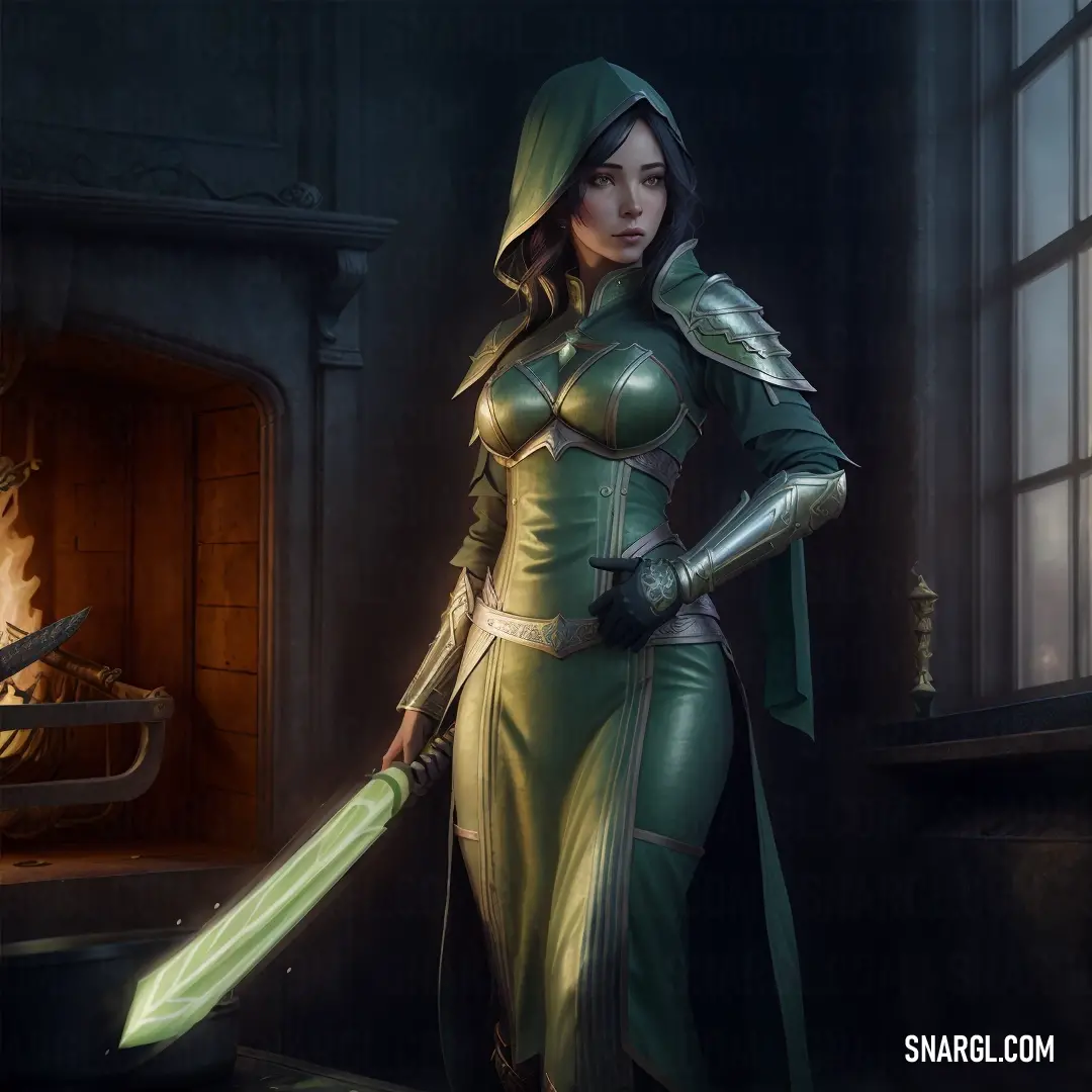Woman in a green outfit holding a sword in a dark room with a fireplace in the background