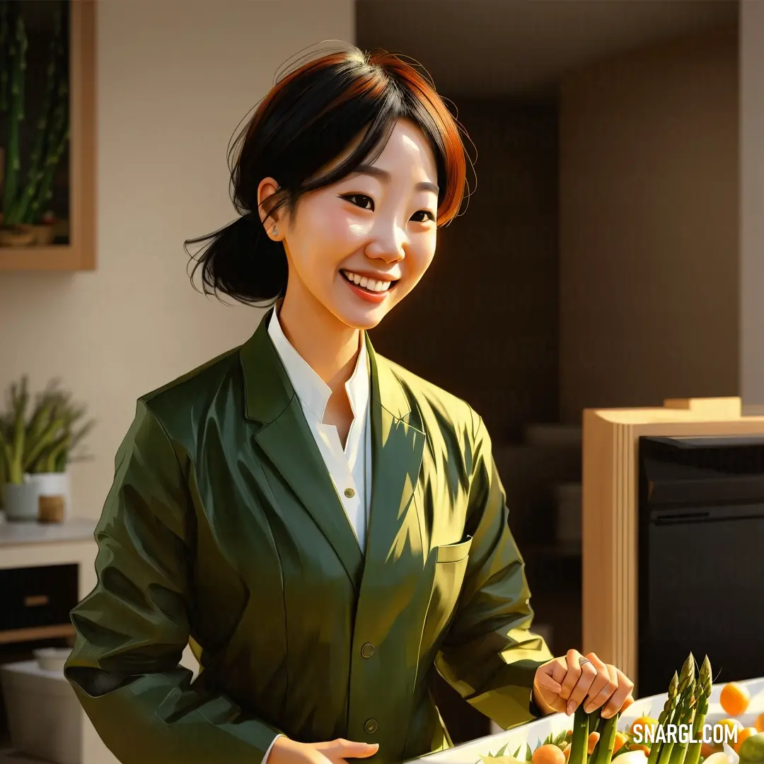 Woman in a green suit standing in front of a cutting board with vegetables on it and a knife