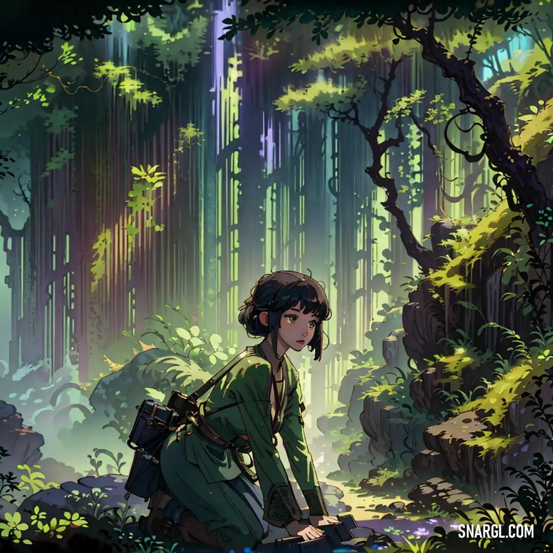 Woman kneeling down in a forest with a backpack on her back and a forest background with a waterfall