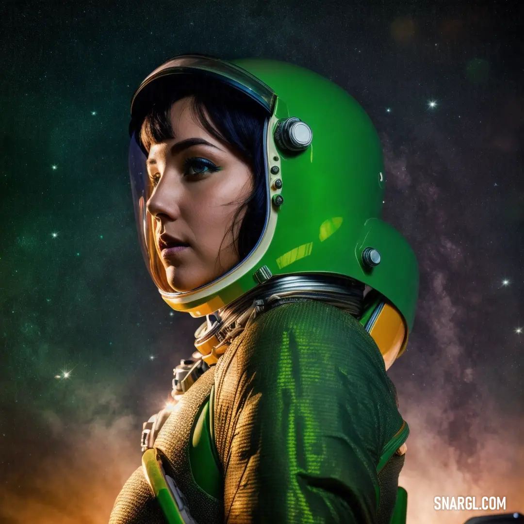 Woman wearing a green helmet and green jacket with a space background in the background and stars in the sky