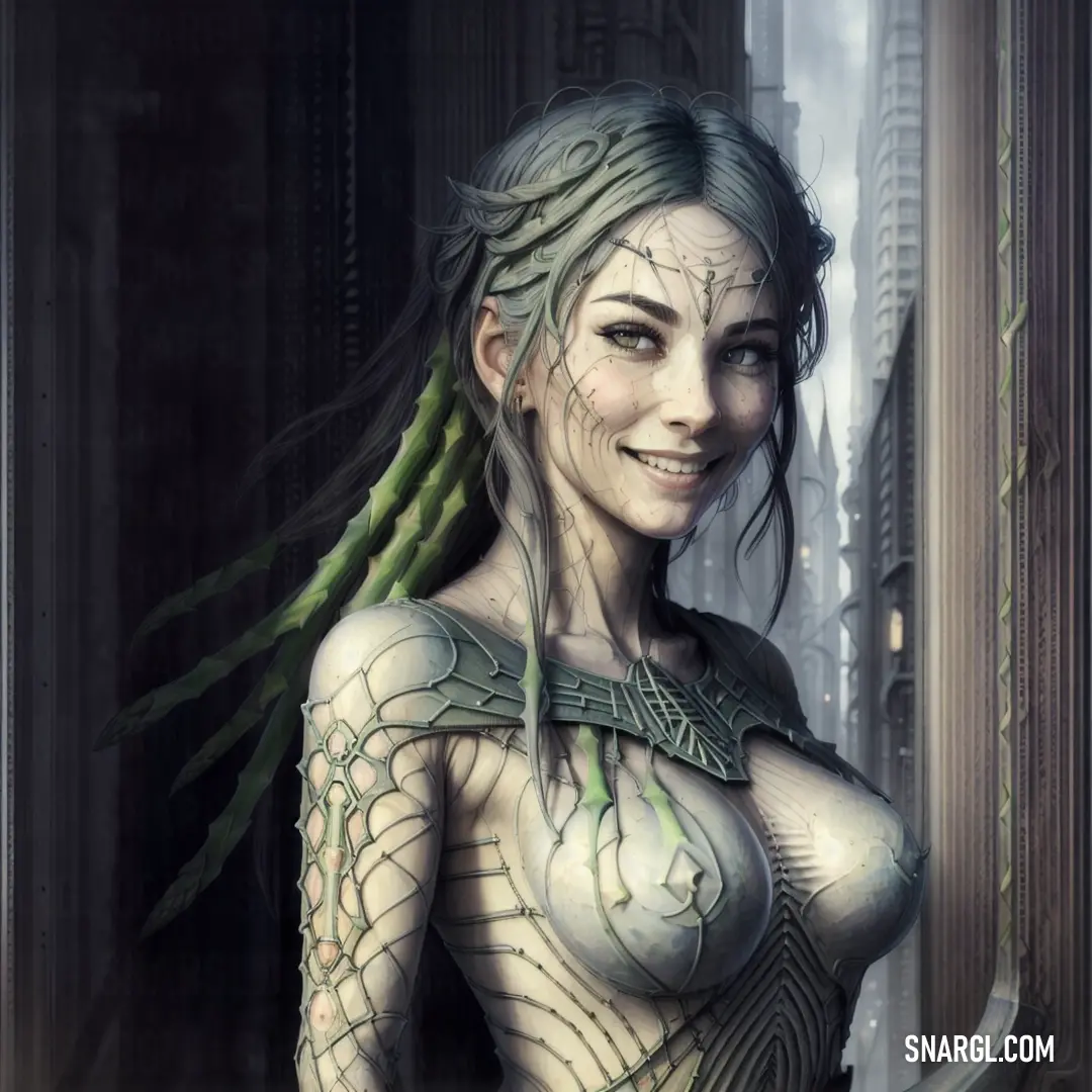 Woman with dreadlocks and a green hair is standing in a doorway with a city in the background