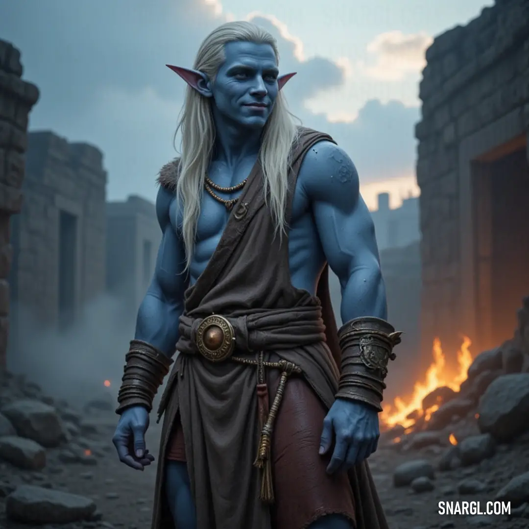 With flames dancing in the background, a bold figure clad in blue and brown stands resiliently among jagged rocks, casting a powerful silhouette against a stormy sky, symbolizing courage amidst chaos and impending challenges.