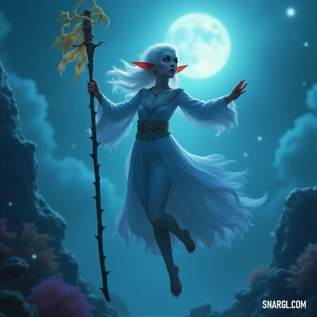 Beneath a luminous moonlit sky, a mystical figure in a flowing white dress stands elegantly, staff in hand, embodying the beauty of the night and the allure of celestial mysteries that captivate the imagination. A mystical figure, clad in a flowing white dress, stands amidst a celestial background featuring a glowing moon. She holds a staff, capturing the essence of enchantment as she gazes into the night sky with wonder and grace.