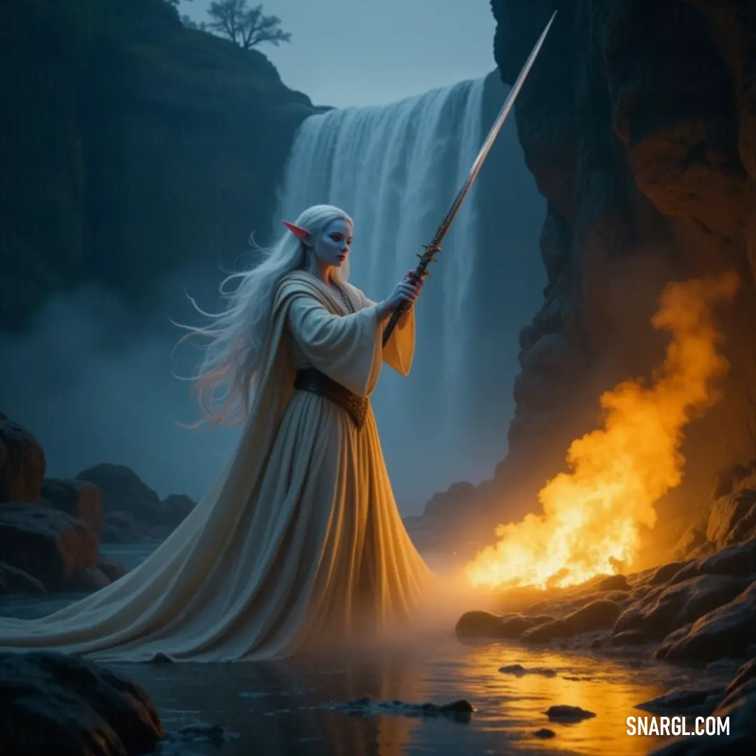 A mystical figure in a flowing white robe stands with a sword by a tranquil waterfall, emanating strength and peace, surrounded by the enchanting sounds of nature's beauty. A mystical figure draped in a flowing white robe stands proudly with a gleaming sword, poised against the backdrop of a serene waterfall cascading over rugged rocks, radiating an aura of calm and powerful presence.