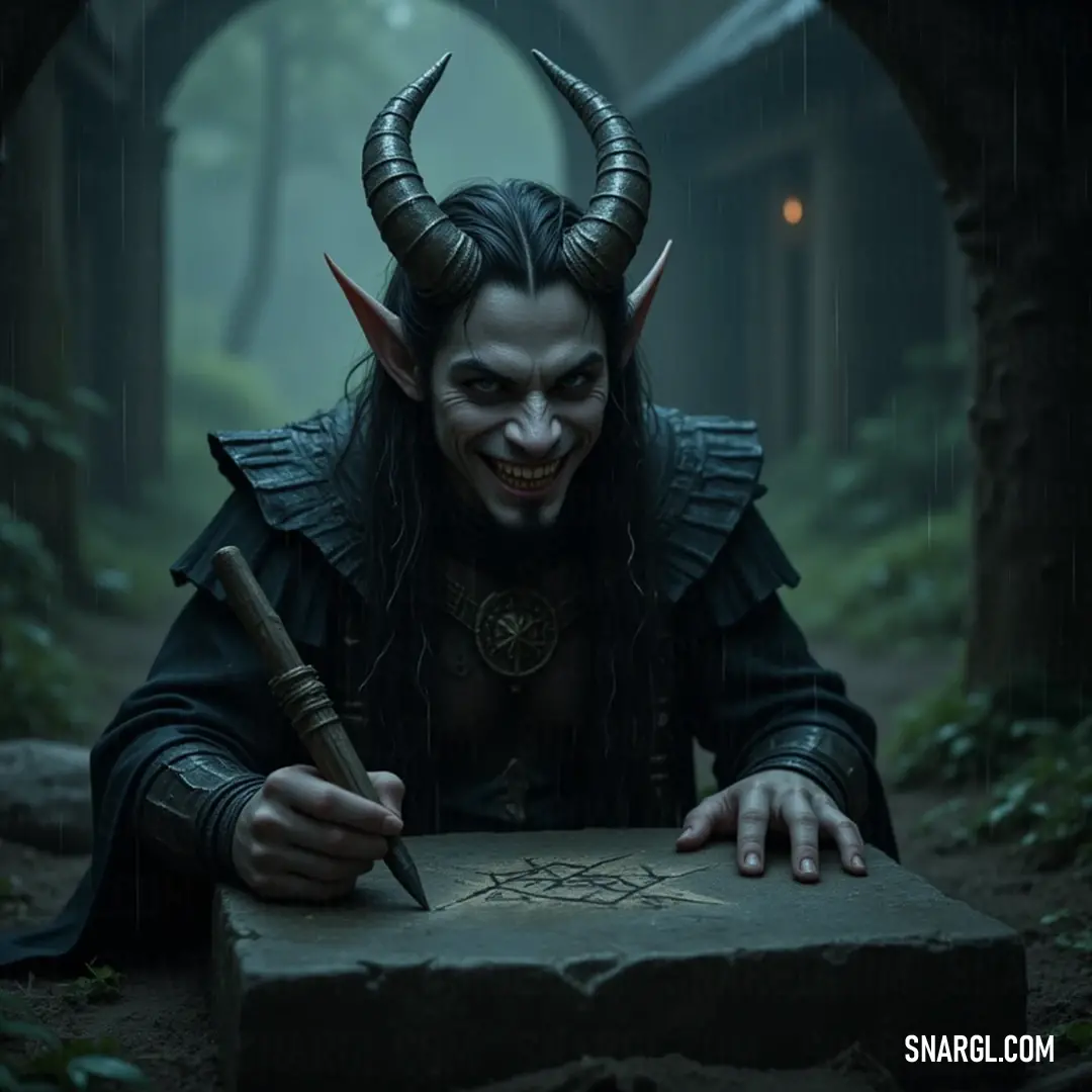 A mysterious figure holds a gleaming knife, their imposing horns casting shadows over a dark forest backdrop where ancient stone monuments rise amid the trees, hinting at hidden narratives.