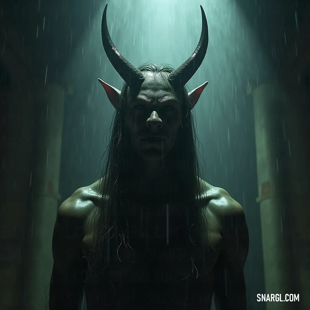 Astaroth stands resplendent in the rain, his long flowing hair glistening as a radiant light illuminates his majestic figure, creating an ethereal contrast against the melancholy backdrop of droplets cascading down around him.
