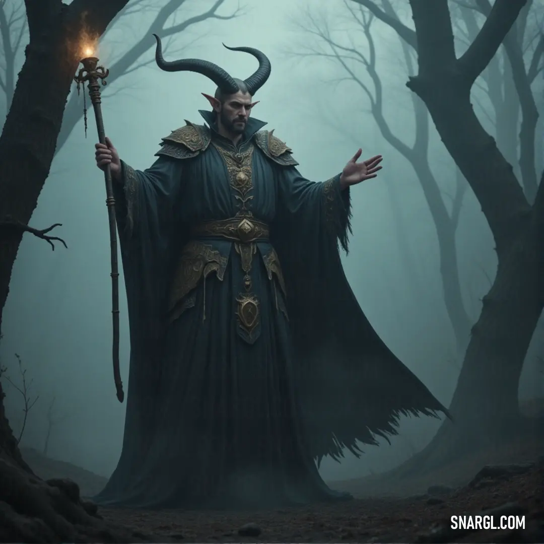 In the heart of a fog-shrouded forest, a horned figure stands with a staff, their presence commanding respect. The ethereal fog and towering trees create an enigmatic scene, full of suspense and mystery. A mysterious being cloaked in a horned costume, holding a staff in the midst of a foggy forest. The surrounding trees loom like sentinels, while the mist adds an eerie atmosphere, amplifying the otherworldly presence of this figure.