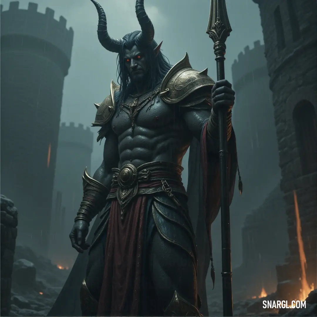 Astaroth, with powerful horns and a sword, standing boldly in a mystical setting filled with fantastical elements. A male figure resembling Astaroth stands in a vivid fantasy world. His formidable horns curve upward, and his armored attire glistens. In his hand, a sword gleams, ready for battle, adding to his commanding and fearsome appearance.