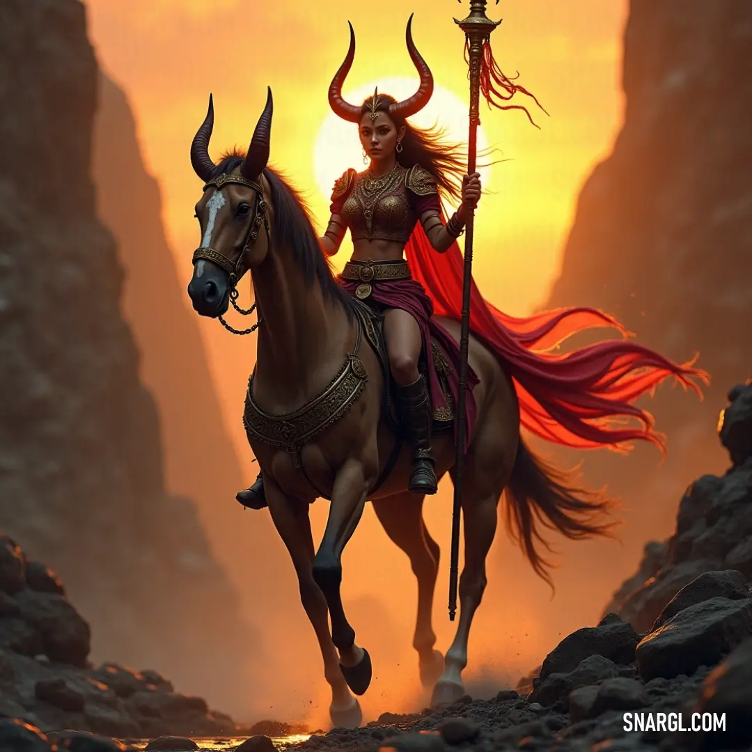 Astaroth, exalted on her magnificent horse, wields a staff with elegance as she traverses an enchanting landscape, symbolizing the union of strength and nobility in an otherworldly realm. Astaroth rides a powerful steed, her staff held high, embodying grace and strength, as she gallops through an ethereal landscape, the majesty of her presence resonating with every stride of her horse.