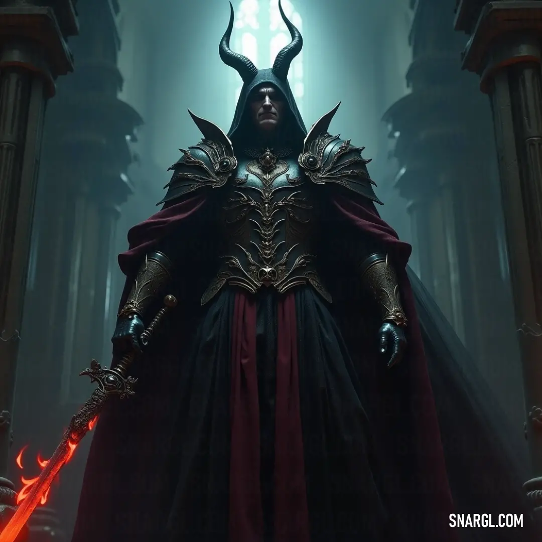 Astarte, adorned in a dark, fiery outfit with horns and holding a sword, exudes a commanding presence in a world engulfed by fire. Astarte stands powerful in a black and red outfit, her horns jutting from her head as she grips a sword in one hand. The dark energy she exudes is palpable, matched by her fierce stance in the fiery scene surrounding her.