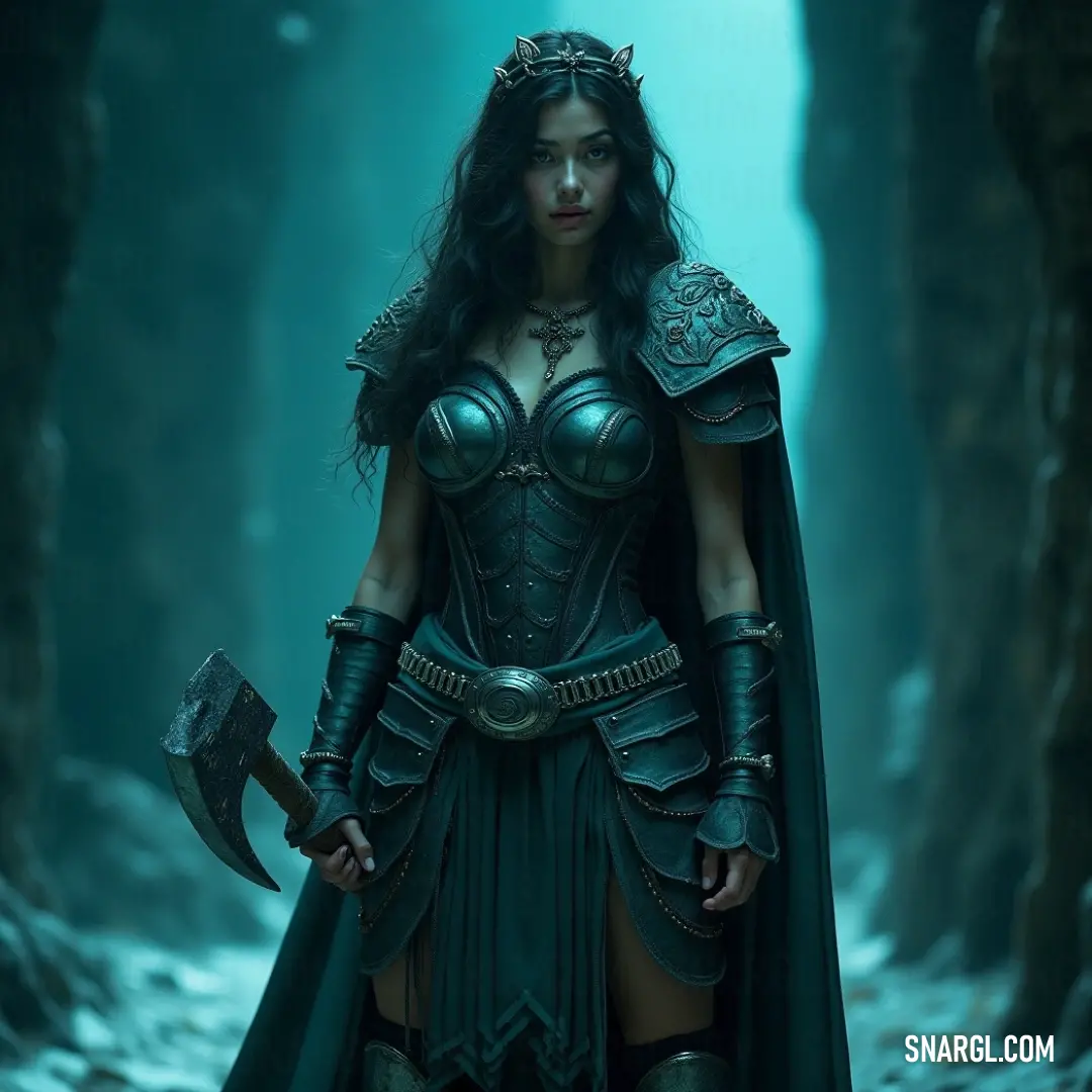 An alluring figure in a unique costume, gripping a hammer in a tranquil cave with a light blue backdrop. An enchanting character, donning a striking costume, proudly holds a hammer amidst a captivating cave setting, where light blue hues create a serene atmosphere, hinting at the magic contained within.