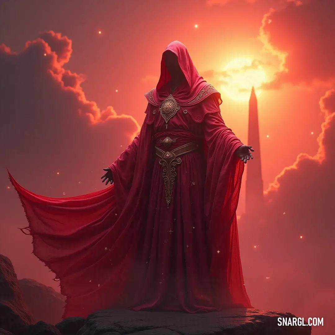 The Astral Enchanter, draped in a vibrant red robe, stands poised upon a rocky surface. Their eyes reflect the captivating hues of twilight, as the environment exudes a mystical energy, inviting viewers into a world where magic thrives.