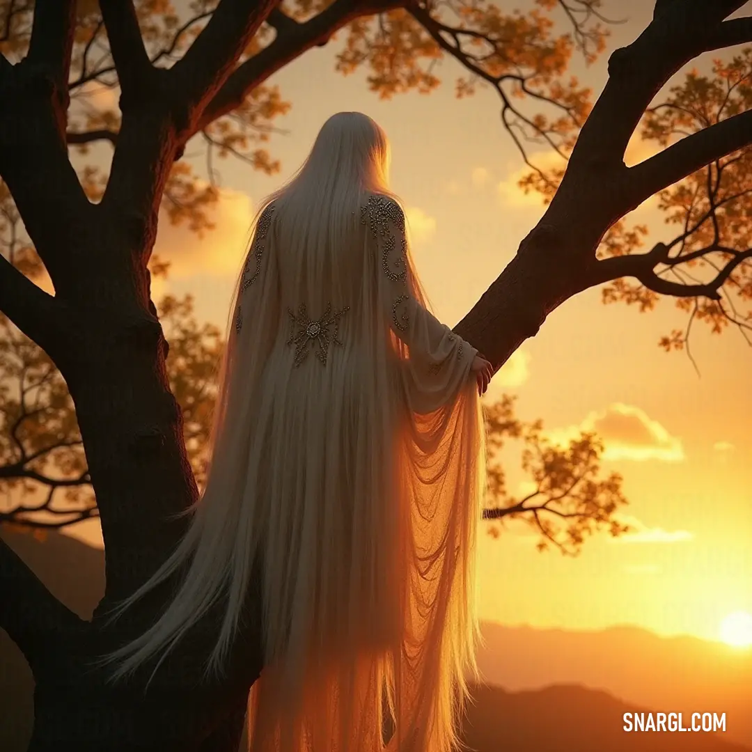 The Astral Priest, with her long flowing hair, stands majestically upon a tree branch, silhouetted against a breathtaking sunset. Her serene posture evokes a sense of tranquility while embodying the connection between the earth and the celestial sky paint