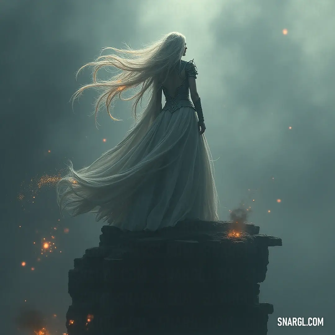 A captivating portrayal of an Astral Priestess in a billowing white dress, standing majestically on a rock, embodying grace and strength amidst the shadows. Radiating elegance, an Astral Priestess in a flowing white dress stands atop a rugged rock, her long hair dancing in the wind against a backdrop of darkness, illuminating her ethereal presence as she embraces the mysteries of the universe.