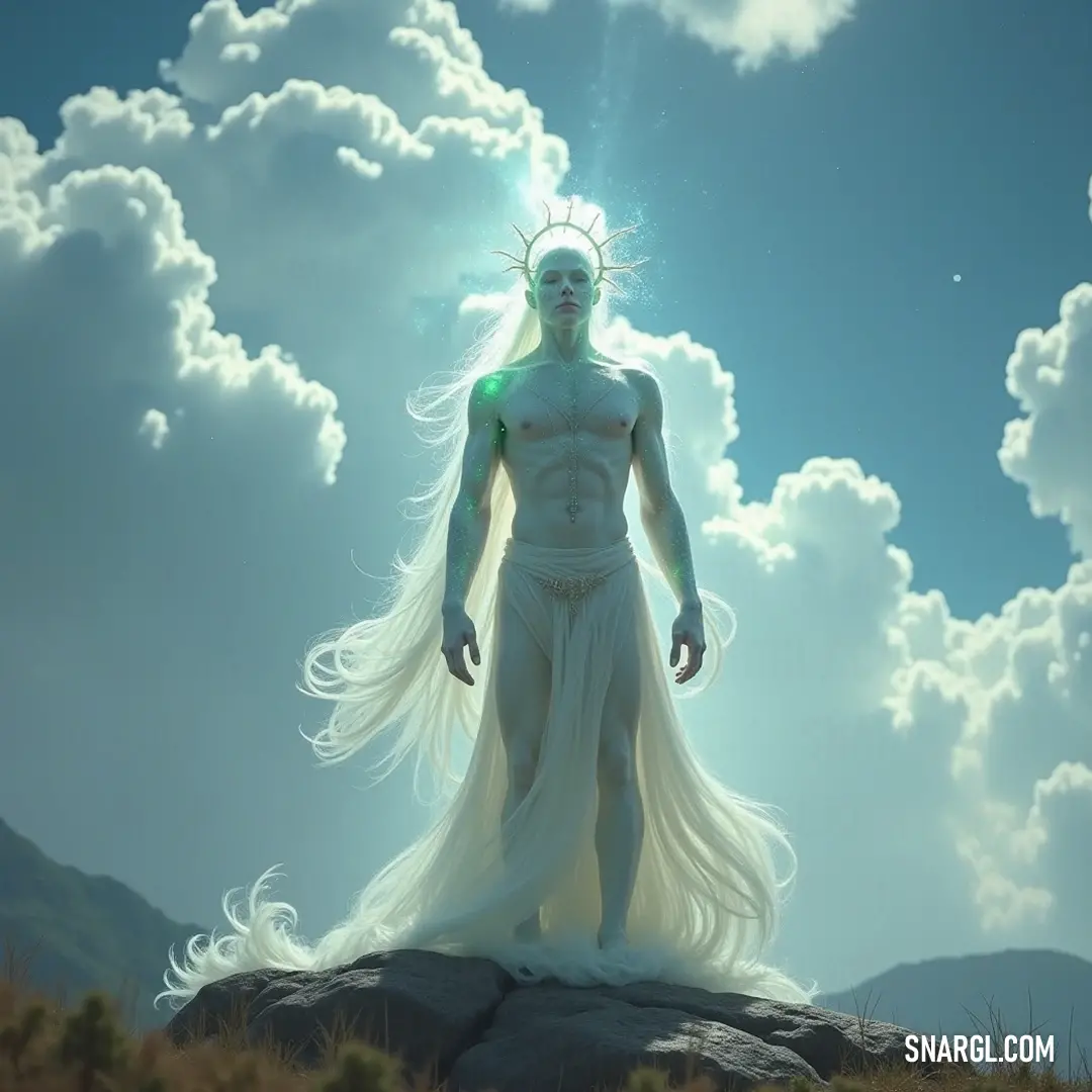 A graceful Astral Seer adorned in a luminous white gown, poised on a sky-kissed rock, where clouds cradle her in a tranquil embrace illuminated by divine light. An ethereal Astral Seer, draped in a flowing white dress, standing majestically atop a rocky cliff, surrounded by delicate clouds and infused with celestial energy, exuding serenity and wisdom.