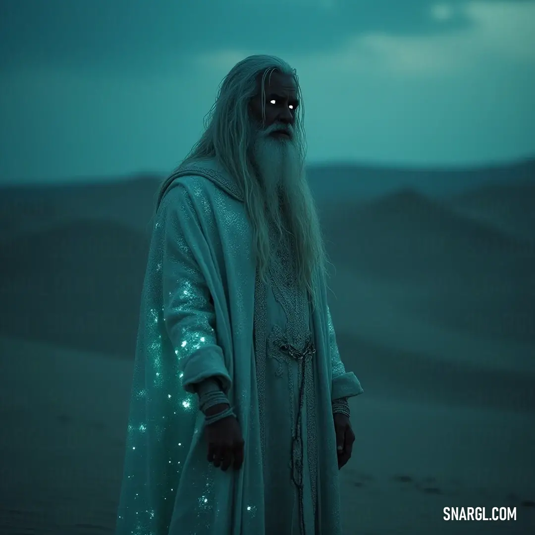 An ancient Astral Seer with a long white beard, draped in a glowing white robe, standing majestically in a vast desert as ethereal lights shimmer in the golden sands, evoking mystery and timelessness.