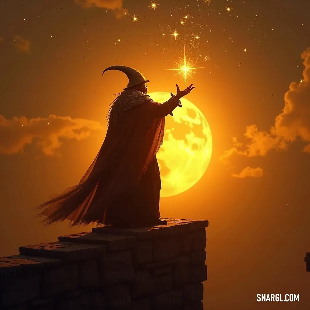 A valiant wizard, poised on a stone wall, reaches out to the illuminated full moon above, with a star-studded sky framing the scene in a celestial dance of light and magic. A determined wizard stands atop a weathered wall, arms outstretched towards the vast night sky, where a luminous full moon bathes everything in its silvery glow, surrounded by a multitude of twinkling stars.