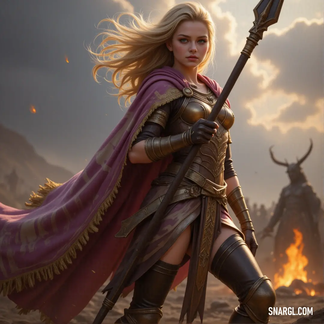 In the vast desert, a warrior woman holds her sword confidently, standing beside a horned creature with the wide open sky stretching above them, as if ready to face whatever comes. A determined woman, dressed in a battle-ready costume, stands strong with a sword in her grip. Behind her, a majestic horned animal stands tall on the vast desert landscape, under an expansive sky.