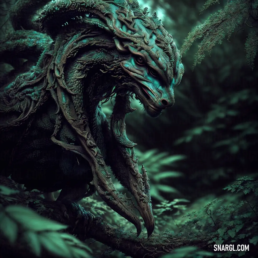 Dragon with a large head in the woods with trees and bushes around it