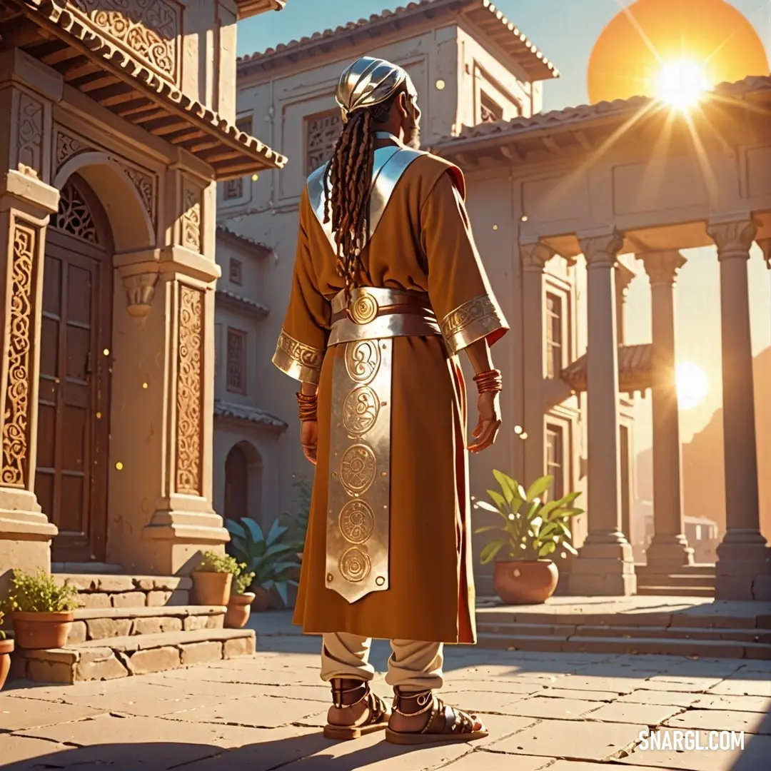 Astrologer in a brown outfit standing in front of a building with a sun in the background