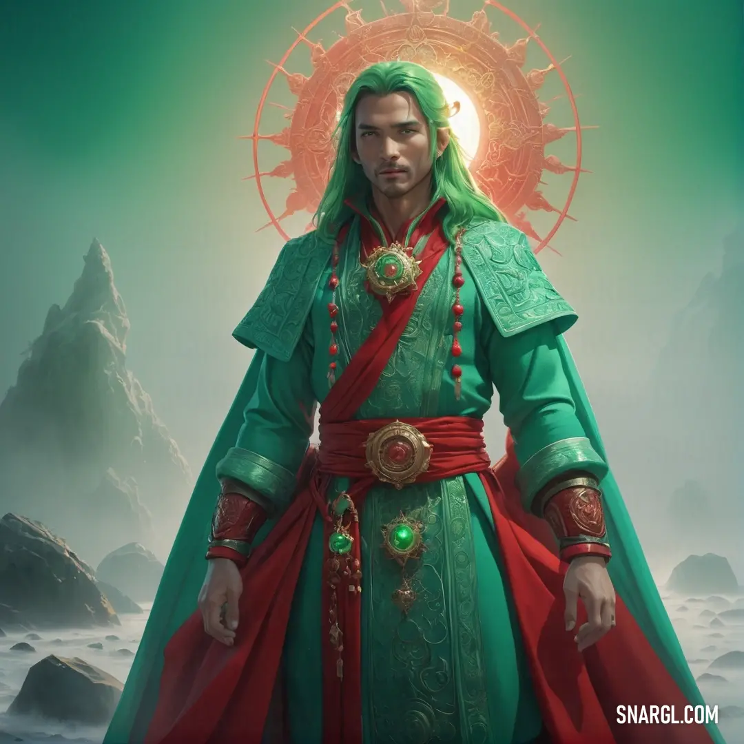 Astrologer in a green and red outfit standing in front of a mountain range with a halo on his head