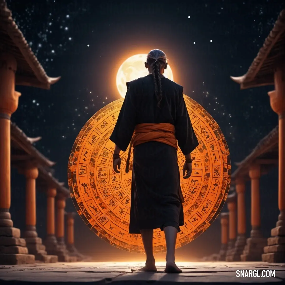 Astrologer in a robe standing in front of a full moon and a chinese style background