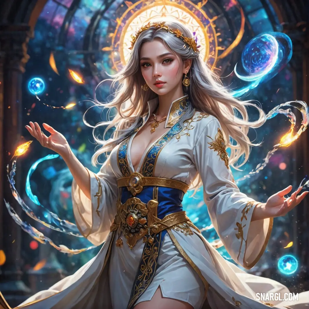Astrologer in a white dress with a golden crown and a blue dress with gold trimmings and a halo around her neck