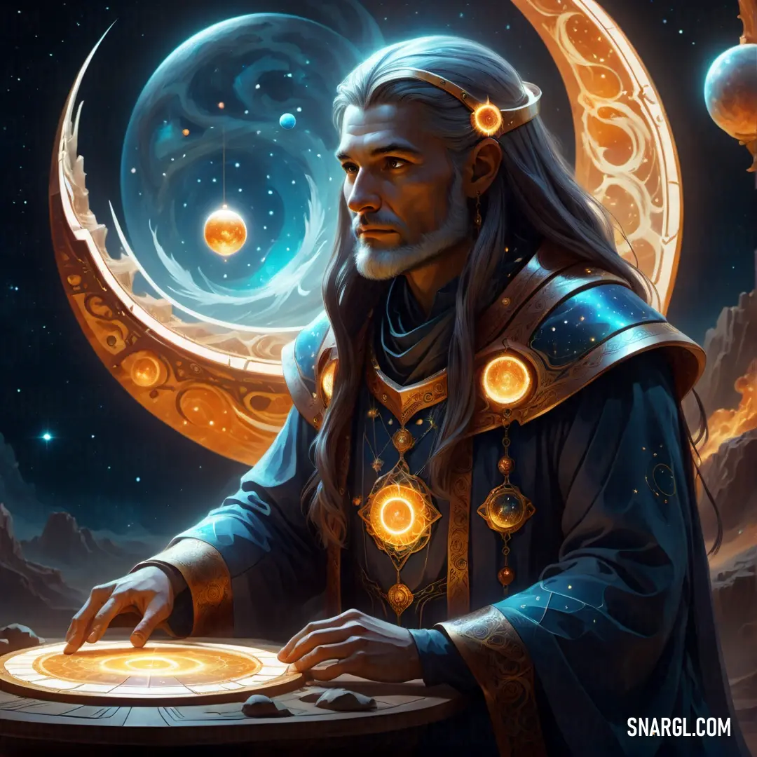 Astrologer in a blue outfit is holding a plate of food in front of a moon and planets background