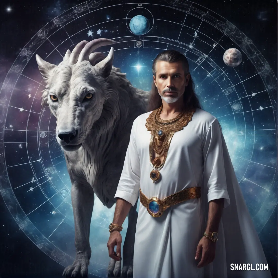 Astrologer standing next to a wolf in front of a zodiac sign with stars and planets in the background