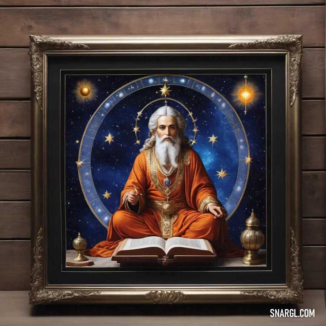 Painting of a male Astrologer with a beard in a meditation position with a book and a lamp on a table
