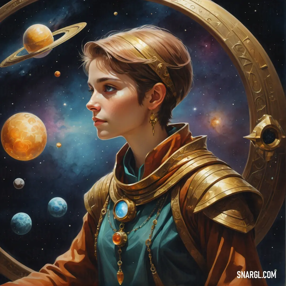 Painting of a female Astrologer in a space suit with planets around her