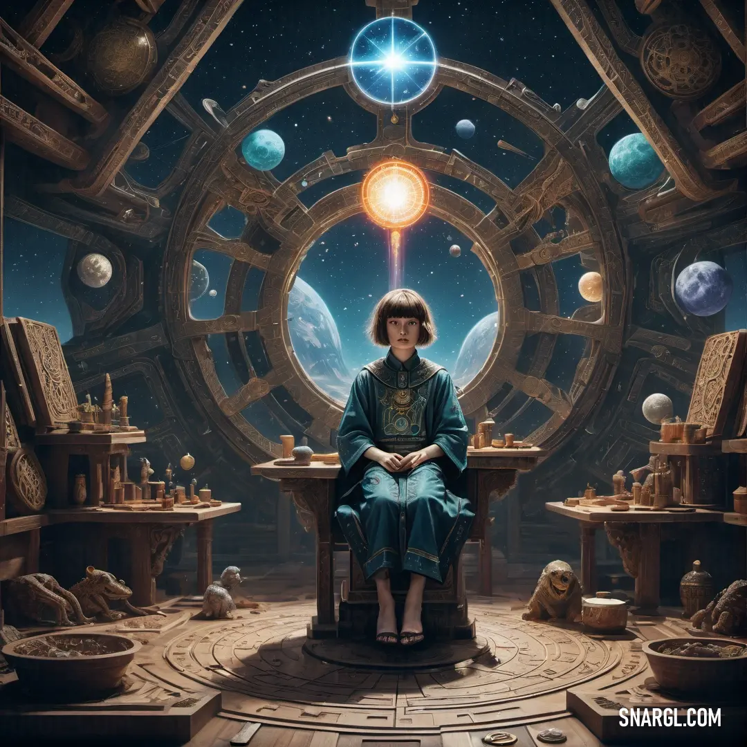Astrologer in a chair in a room with a lot of objects on the floor and a space background