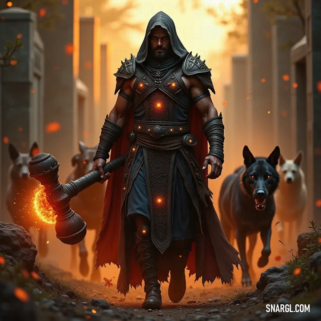 An adventurous astronomer wielding a sword, accompanied by a loyal dog in a fiery path. An intrepid astronomer in a striking costume, brandishing a sword, stands alongside a loyal dog amidst swirling flames and smoke, embodying bravery and adventure in a chaotic world.