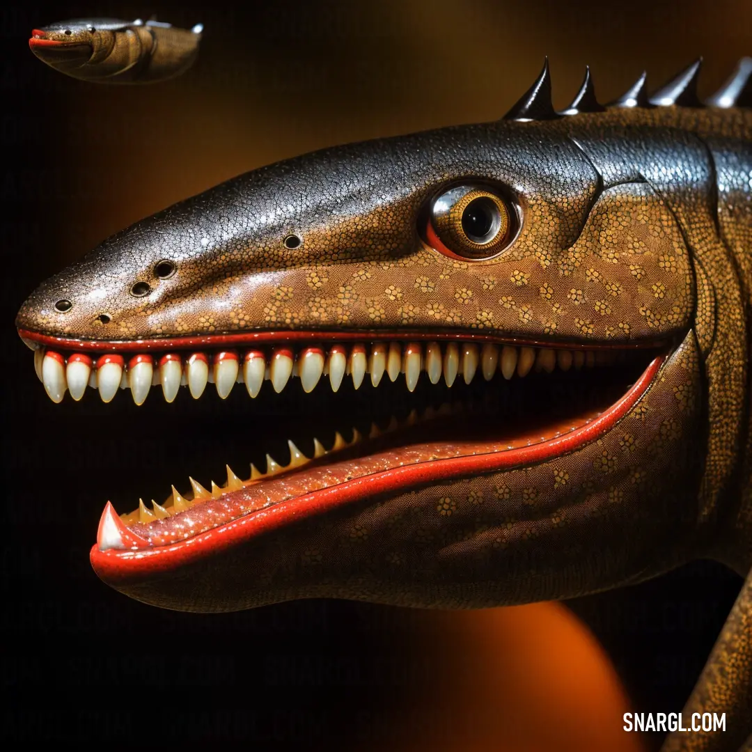 Close up of a dinosaur with its mouth open and teeth missing from it's teeth