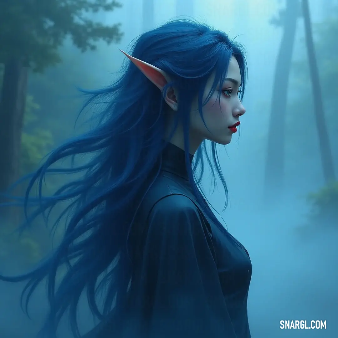 A surreal figure with striking blue hair and ethereal horns emerges from a foggy forest, embraced by the tall, ancient trees. A whimsical figure with blue hair and delicate horns stands gracefully in a dense, fog-laden forest, surrounded by towering trees and a mystical ambiance.