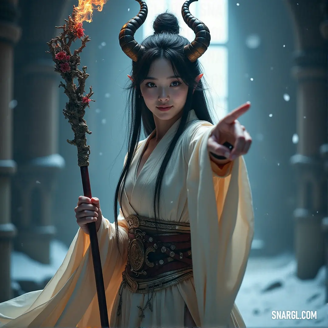 A determined figure in a dramatic costume, wielding fire and commanding attention with a pointed gesture. A demon-like head adds an eerie touch to the atmosphere. A fierce character dressed in a dark, elaborate costume, holding a flaming stick as she points towards an unseen threat. The dramatic glow of the fire lights up her intense face, and a demon-like head looms ominously beside her, adding to the scene's tens