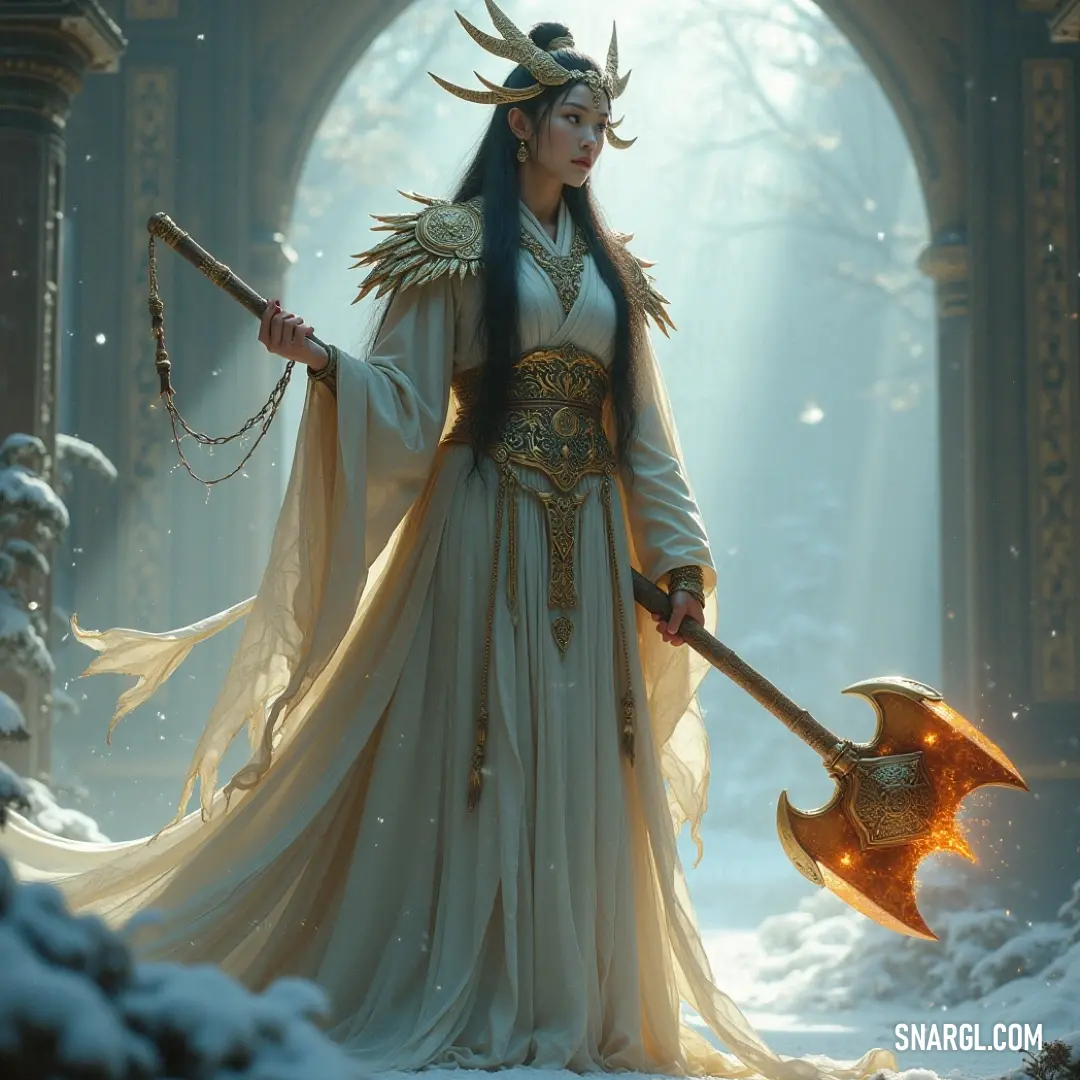 A fierce warrior in a flowing white dress, holding a fiery axe, ready to confront the darkness looming behind her. A warrior clad in an ethereal white dress wields a large, imposing axe, the blade shimmering with hints of flame, as she stands poised against a backdrop of flickering shadows.