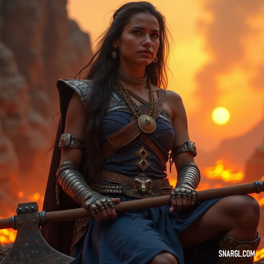 A powerful figure in a stunning blue dress holds a large axe, standing against a magnificent sunset and majestic mountains, exuding strength and resolve. A fierce figure in a stunning blue dress brandishes a large axe, standing resolutely against a breathtaking sunset with majestic mountains in the background, embodying the power of nature and strength.