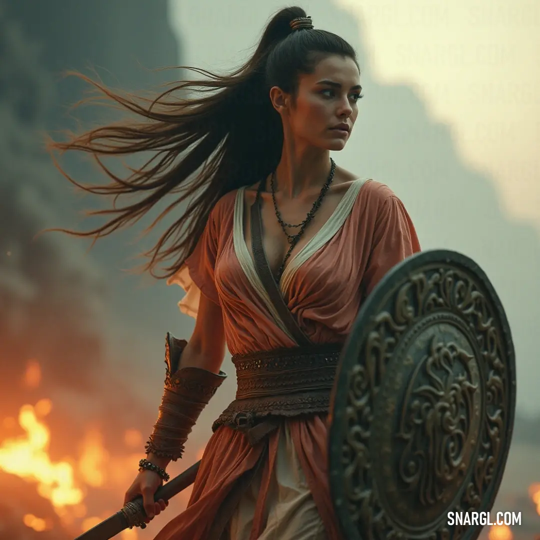 A fearless warrior in a flowing dress stands strong with a sword and shield against a fiery sky backdrop, exuding confidence and resilience. A bold warrior in a flowing dress holds a sword and shield, standing defiantly against a backdrop of a fiery sky and rugged mountains, ready to conquer any challenge that may arise.