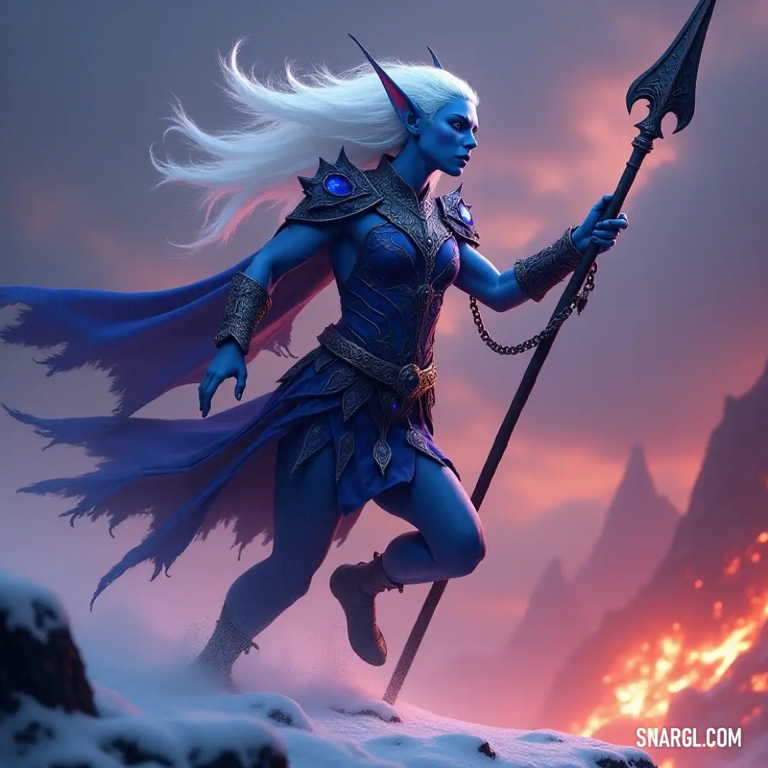An enchanting warrior with mesmerizing blue skin and white hair stands poised, wielding a spear and sword, embodying strength and grace in a captivating display of power.