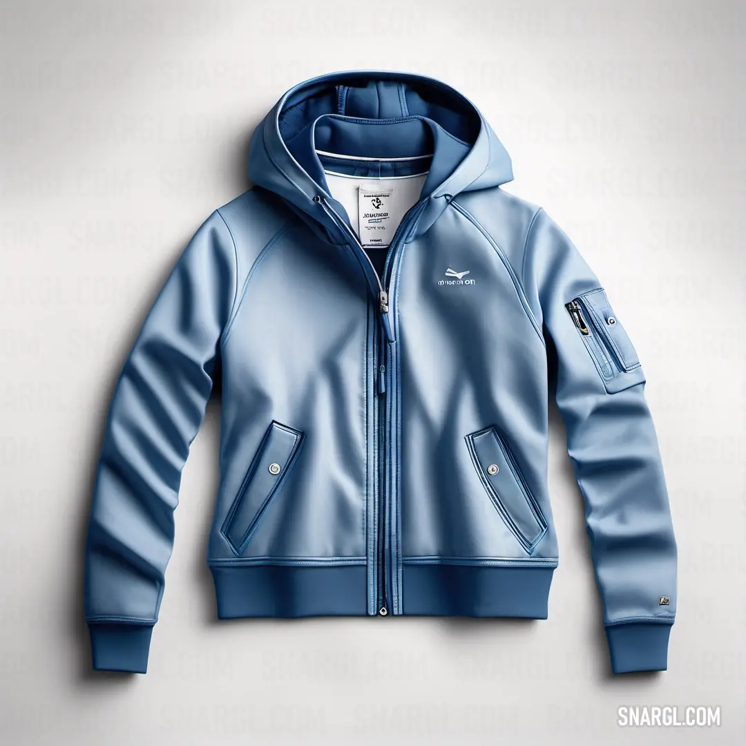 Blue jacket with a hoodie on it and a zipper down the front of it