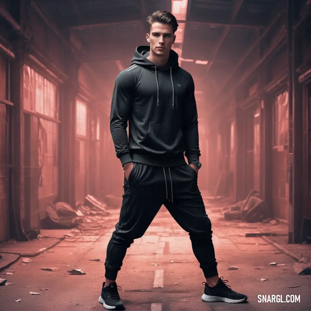 Man in a black hoodie and sweatpants standing in a hallway with a red light behind him