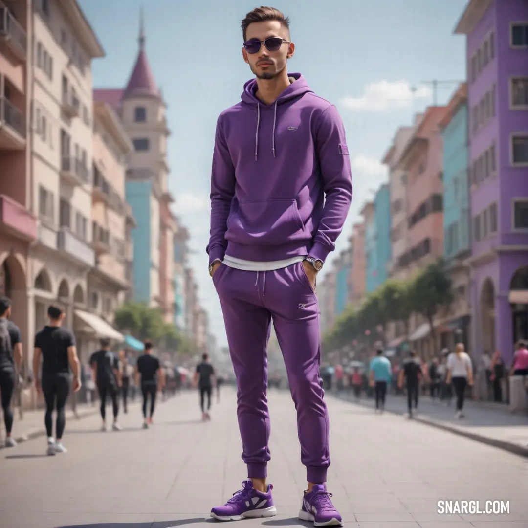 Man in a purple outfit standing on a sidewalk in a city with people walking by and buildings in the background